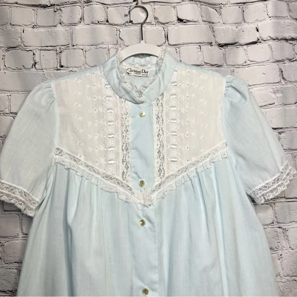 Vintage Christian Dior Blue Embroidered Lingerie Set 1960s/70s Size Medium PJs
